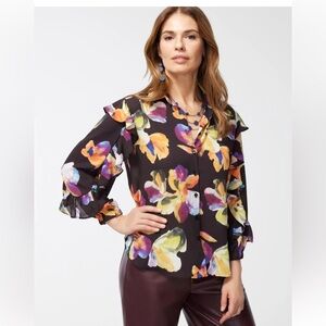 Chico's chiffon botanical blouse button up ruffled accent long sleeve collard L